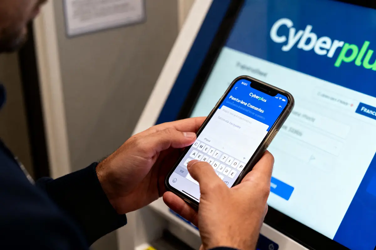 Personne utilisant une application bancaire "Cyberplus" sur smartphone, devant un écran de guichet automatique.