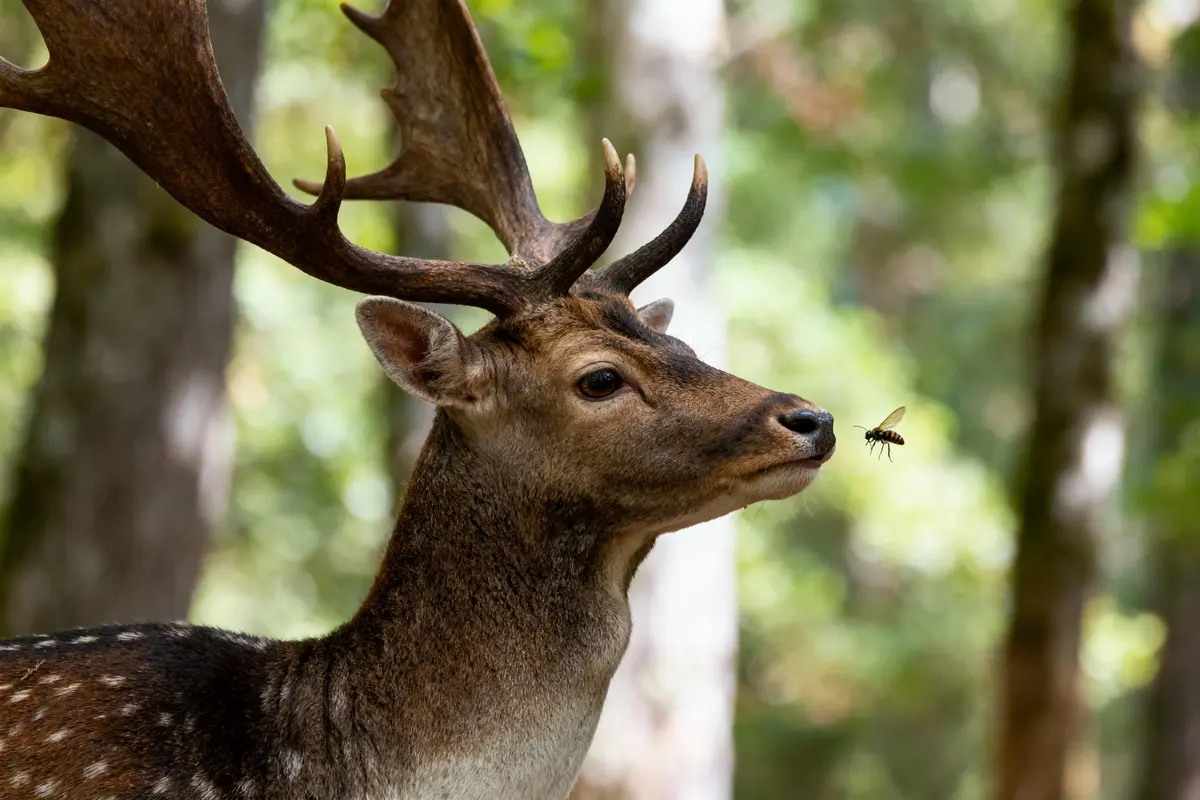 Cerf avec bois majestueux regardant une mouche, fond de forêt floue, lumière naturelle.