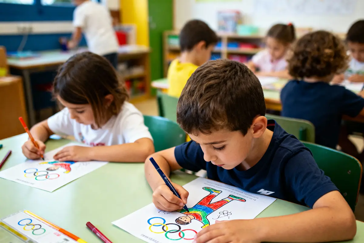Enfants coloriant des dessins olympiques en classe, attention concentrée sur leur activité créative.