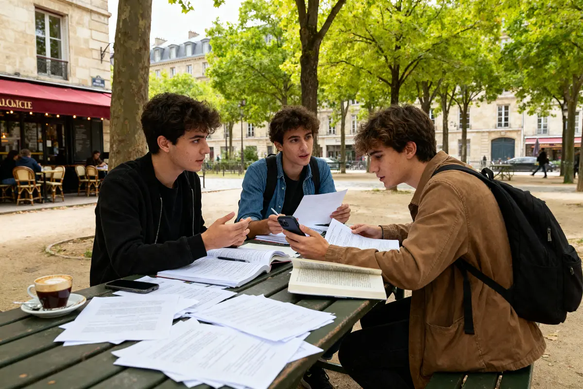 Trois jeunes hommes étudiant ensemble à une table de pique-nique, avec documents et smartphones, dans un parc urbain.