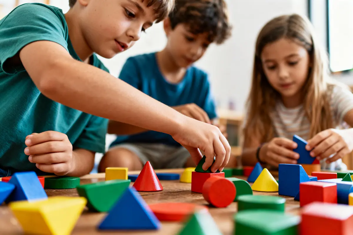 Enfants jouant avec des blocs de formes géométriques colorées sur une table en bois.