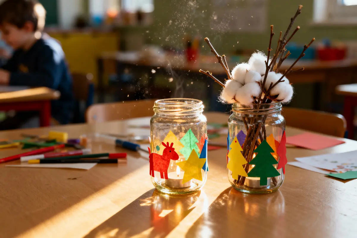 Deux bocaux décorés, branches et cotons, sur table ensoleillée avec fournitures d'art. Enfant en arrière-plan flou.