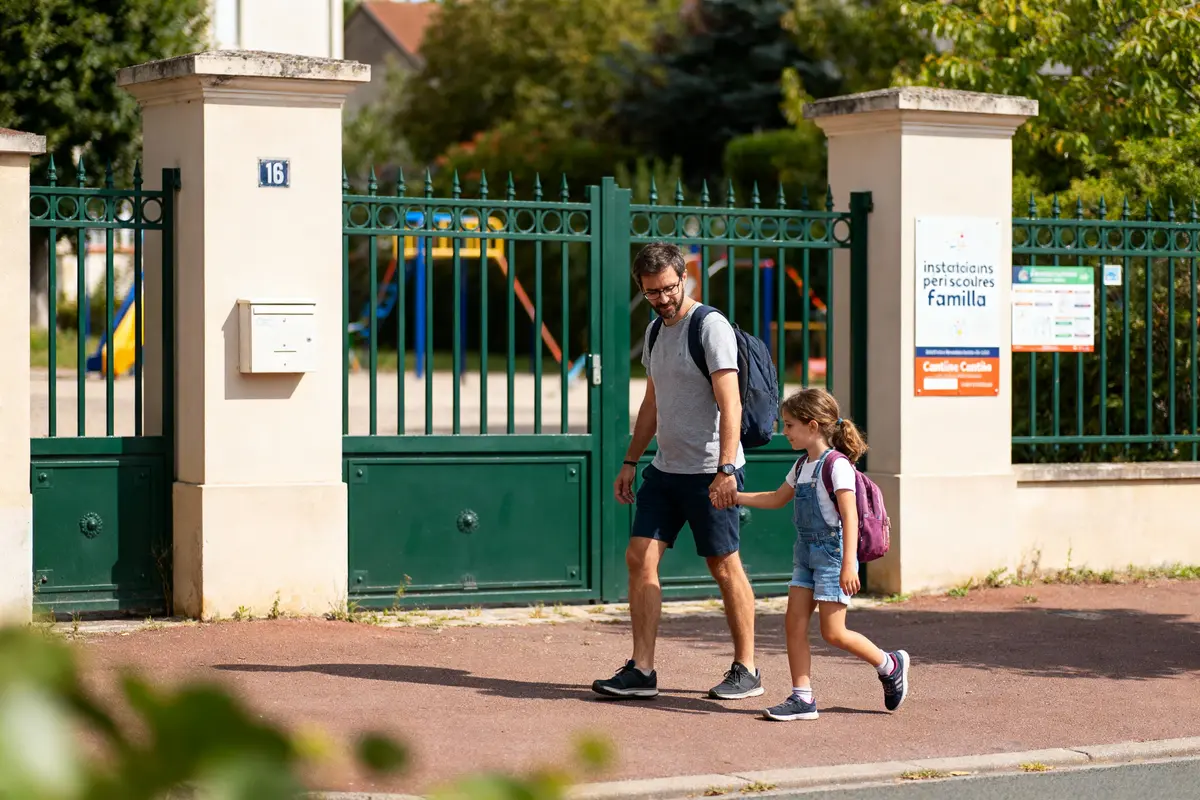 Un homme et une fille marchent devant une école avec sac à dos, jouet visible derrière.