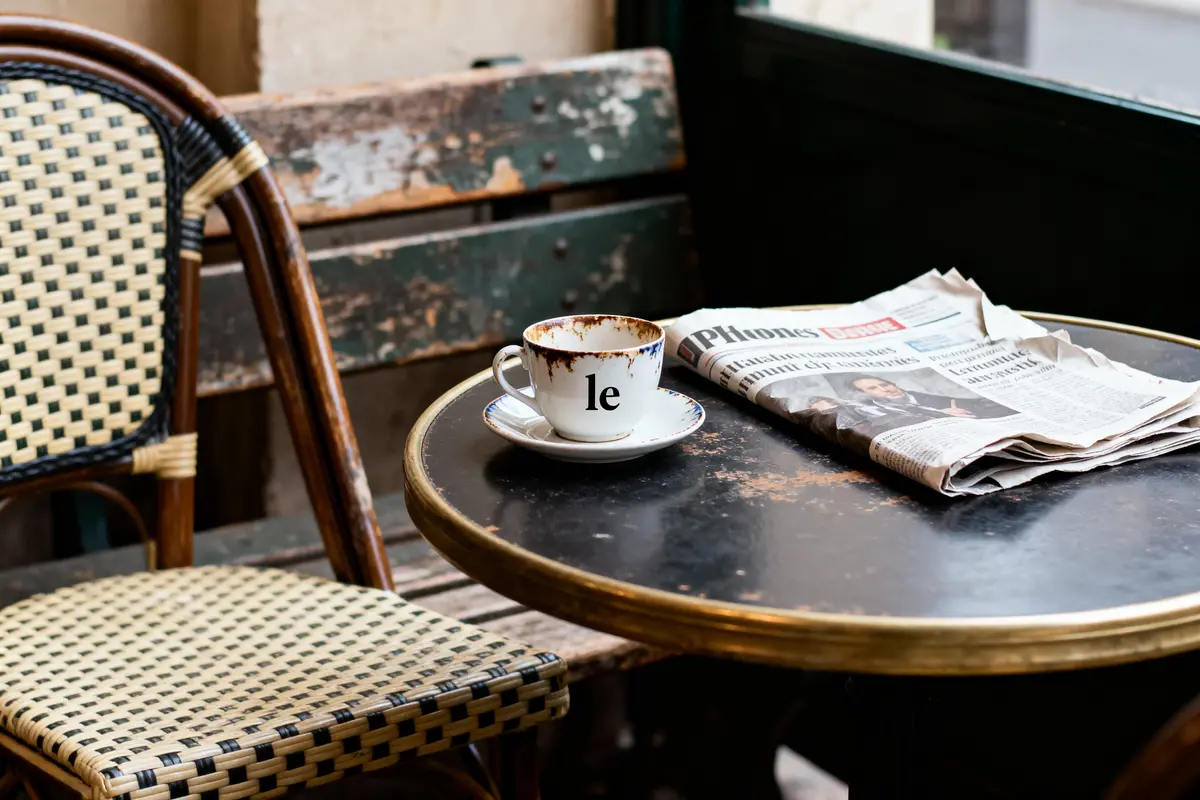 Tasse de café vide et journal sur table de bistrot avec chaise en osier. Ambiance café rustique.