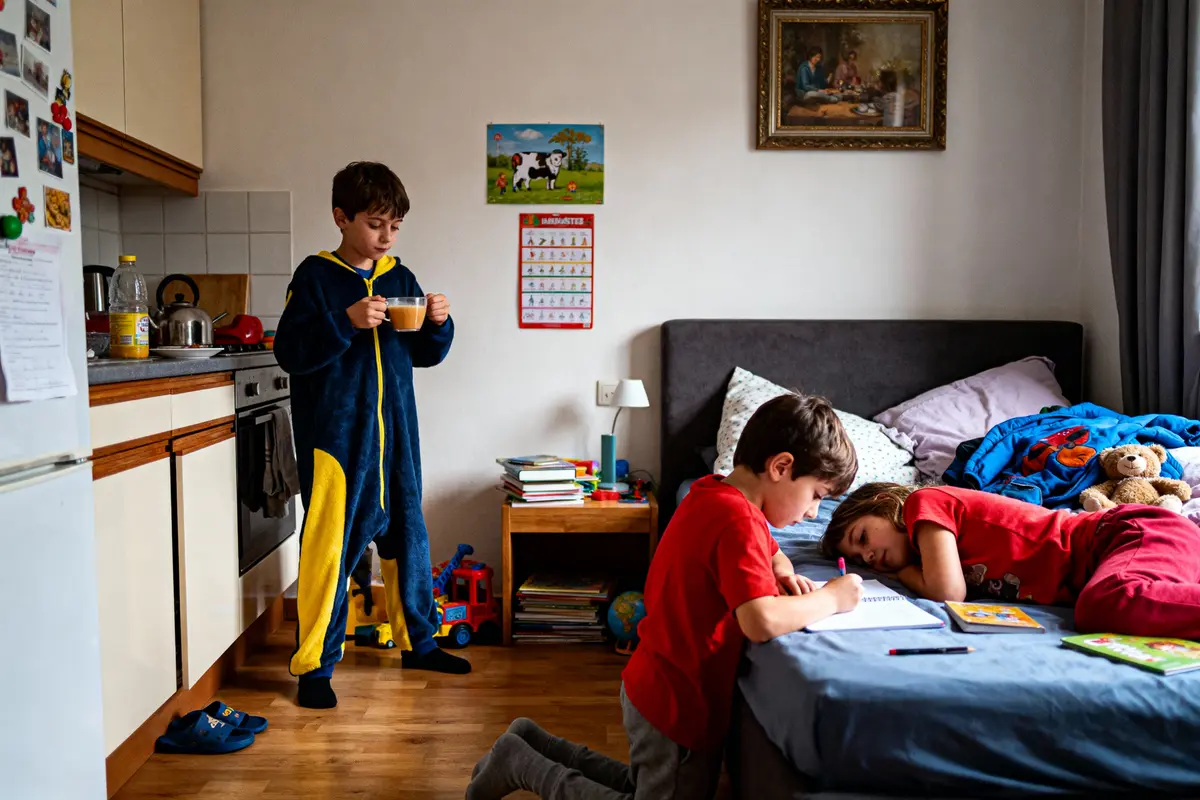 Trois enfants dans une chambre. Un boit un verre, un écrit, un autre allongé sur le lit.