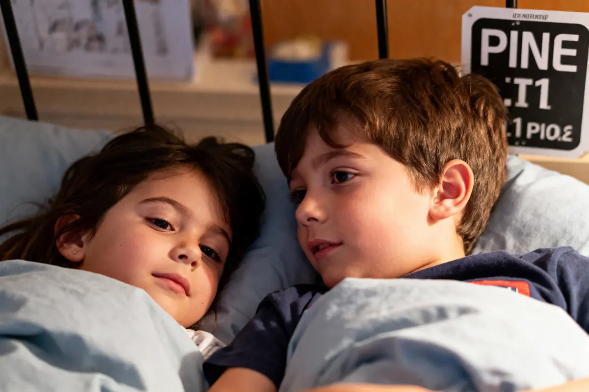 Deux enfants couchés ensemble dans un lit, sous une couverture bleue, regardant vers l'avant.