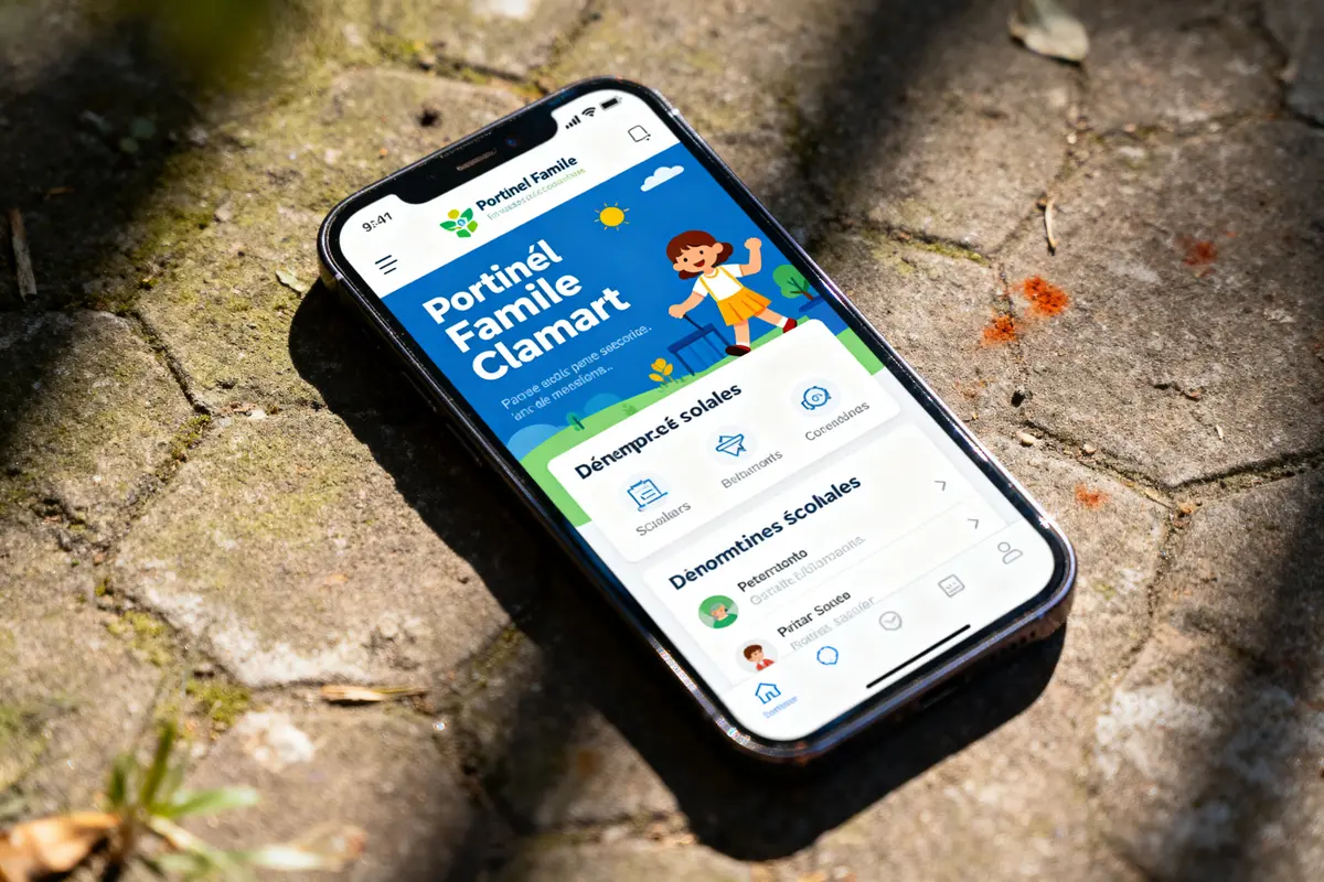 Smartphone affichant l'application "Portinel Famille Clamart" sur écran, disposé sur un sol en pavés.