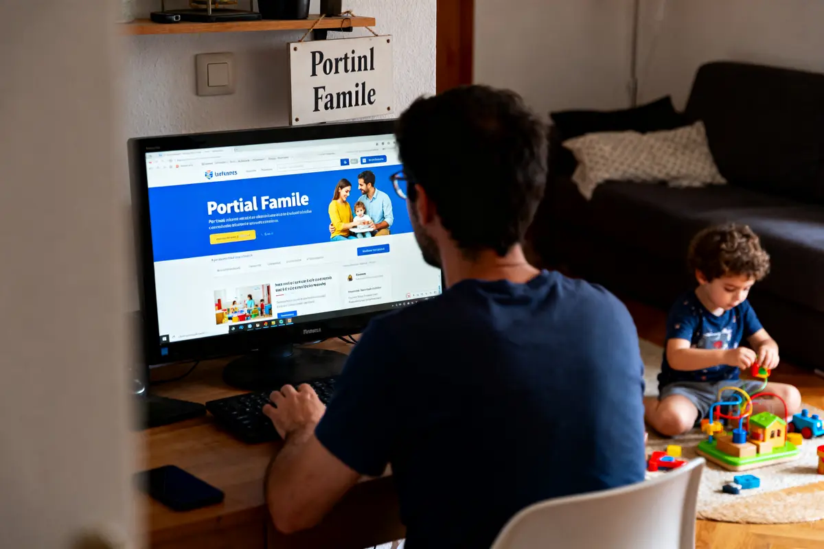 Homme travaillant à l'ordinateur, enfant jouant avec des jouets colorés dans le salon familial.