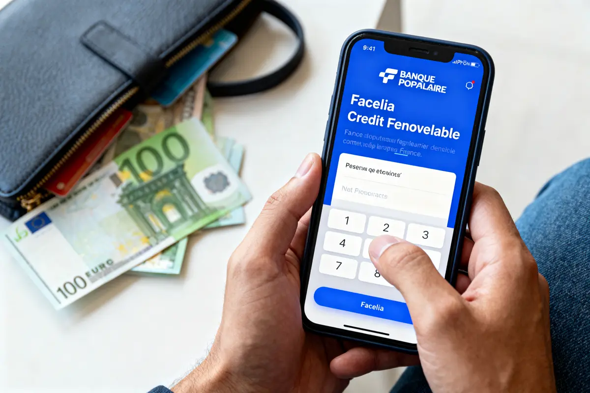 Personne utilisant une application bancaire sur smartphone avec billets de 100 euros à proximité.