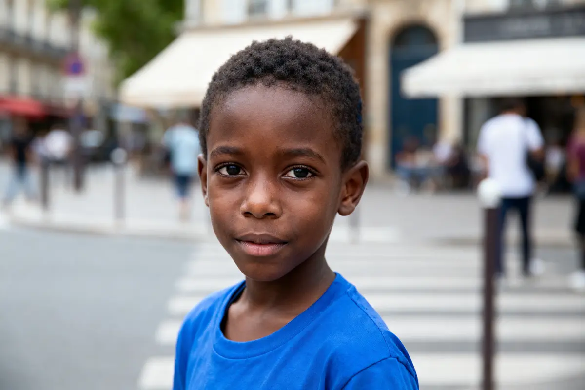 Un enfant en t-shirt bleu dans une rue piétonne floue, fond de bâtiments urbains.