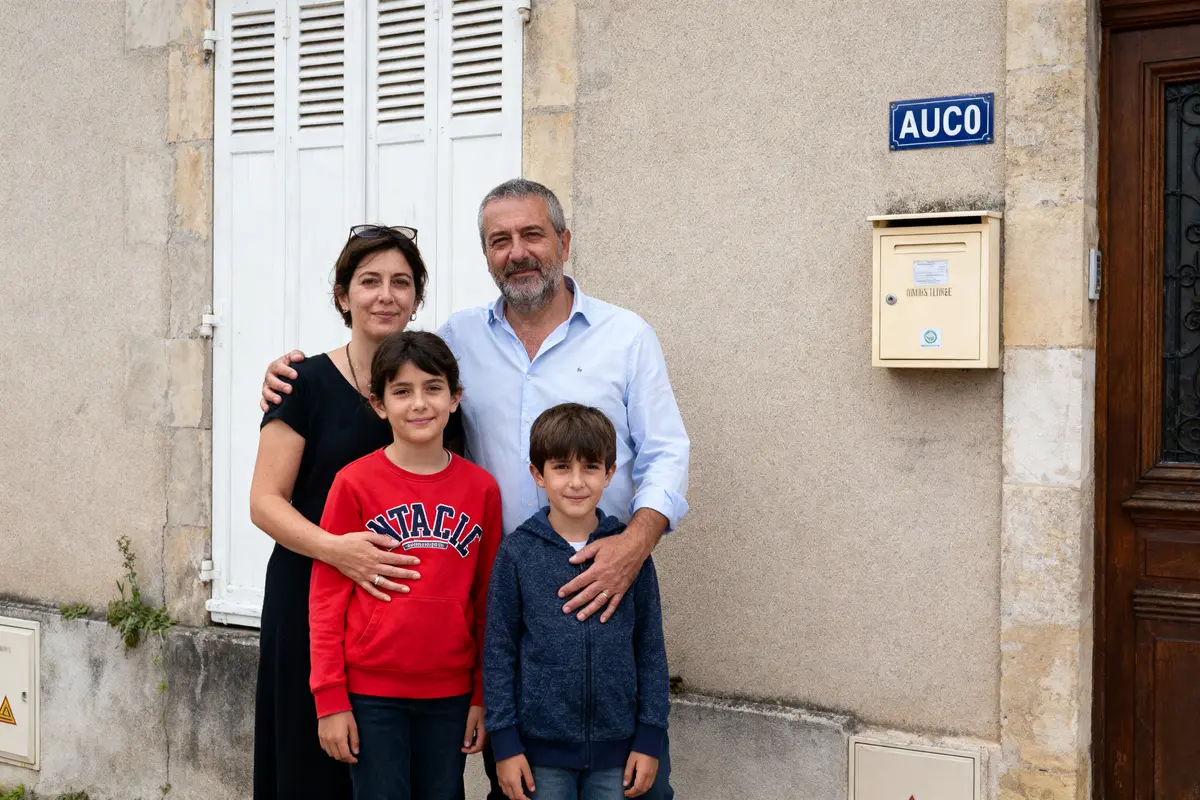 Famille de quatre personnes posant devant une maison avec boîte aux lettres murale et plaque "AUCO".