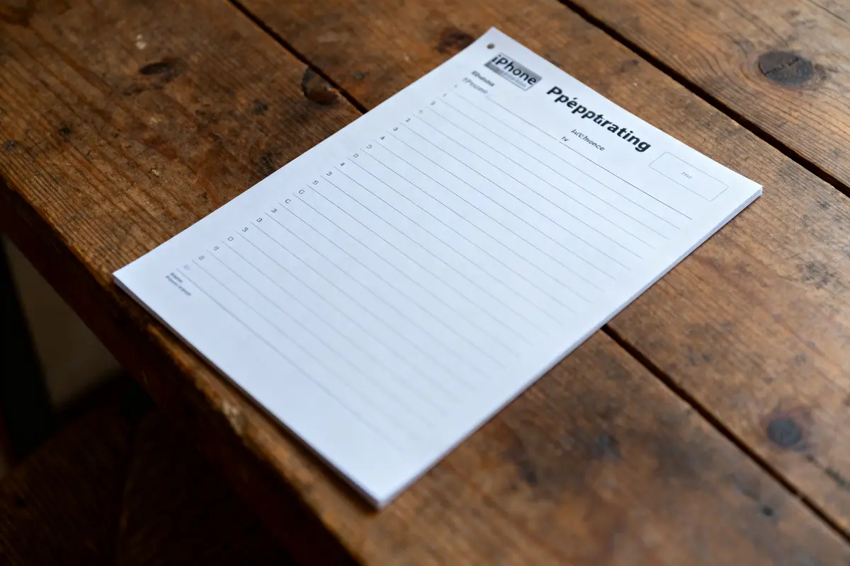 Bloc-notes blanc sur une table en bois, avec en-tête "iPhone Pepptrating", lignes et chiffres numérotés.