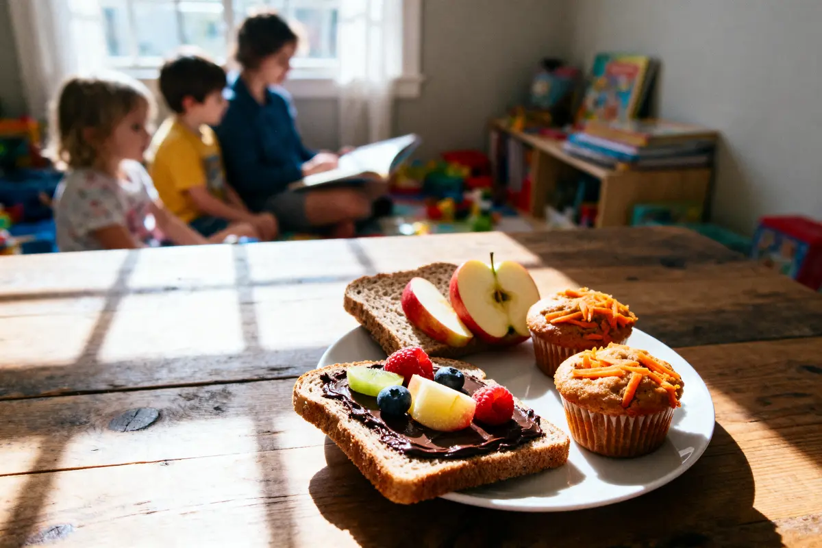 Tranches de pain et muffins sur assiette, enfants lisant en arrière-plan dans une pièce ensoleillée.