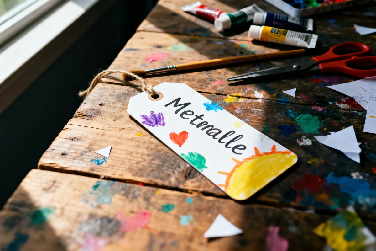 Étiquette peinte au nom de "Metnalle", avec soleil et cœur, sur table en bois, entourée d'outils d'art.