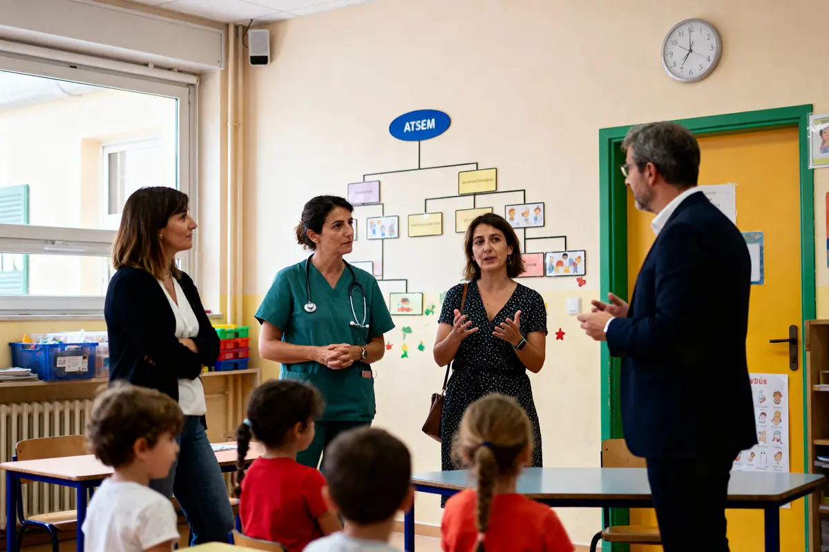 Quatre adultes discutent dans une salle de classe devant des enfants assis, organigramme "ATSEM" au mur.