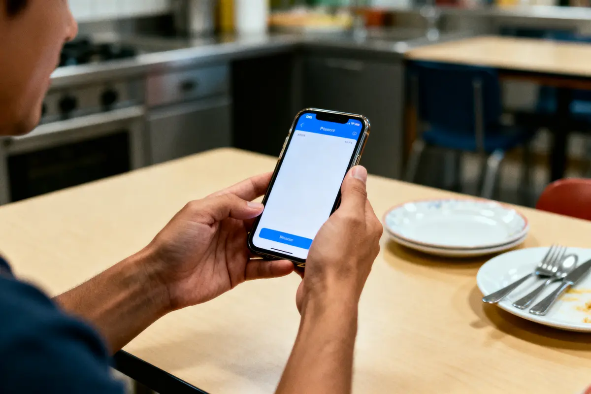 Personne tenant un smartphone sur écran d'application, assis à une table avec assiettes et couverts.