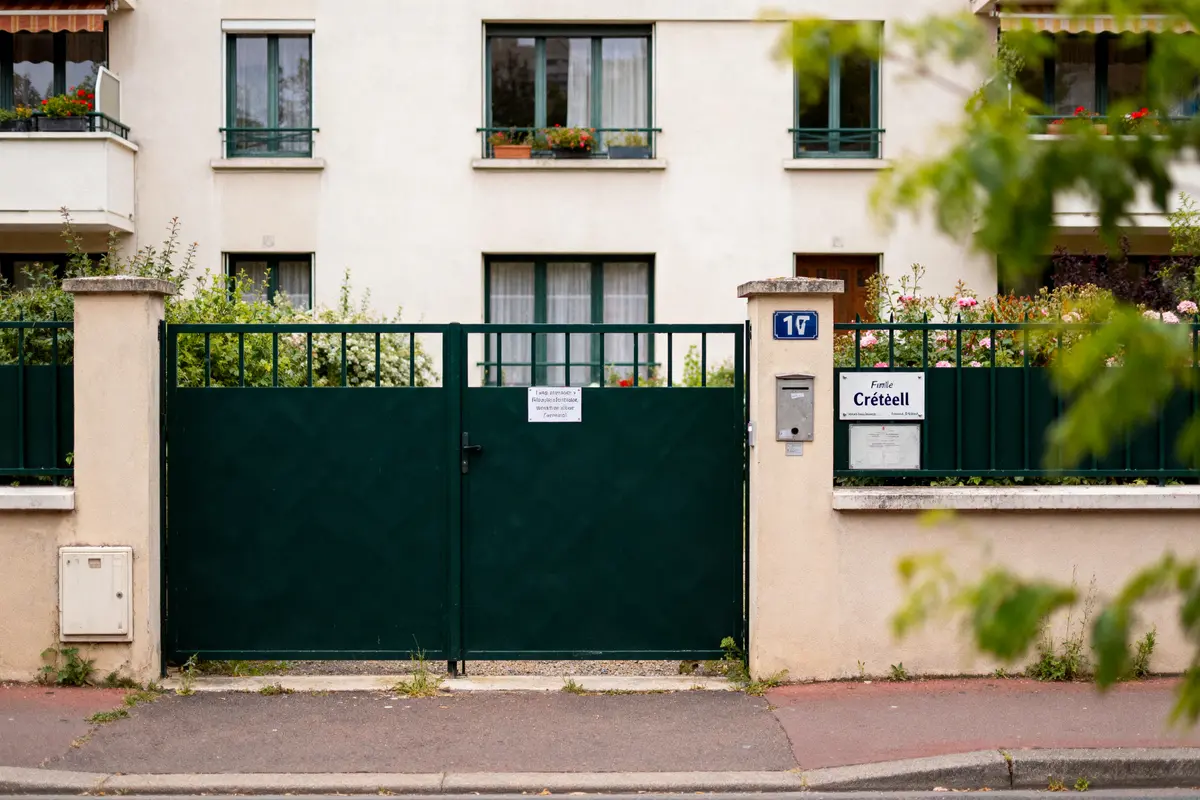 Portail vert fermant une entrée pavillonnaire avec boîte aux lettres et plaques d'information sur le mur.