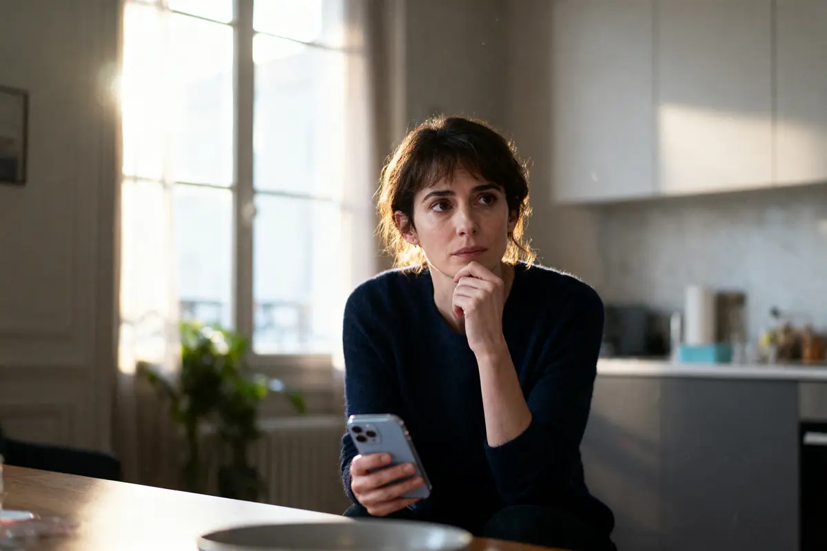 Femme pensant, assise dans une cuisine moderne, tient un smartphone, lumière naturelle provenant de la fenêtre.