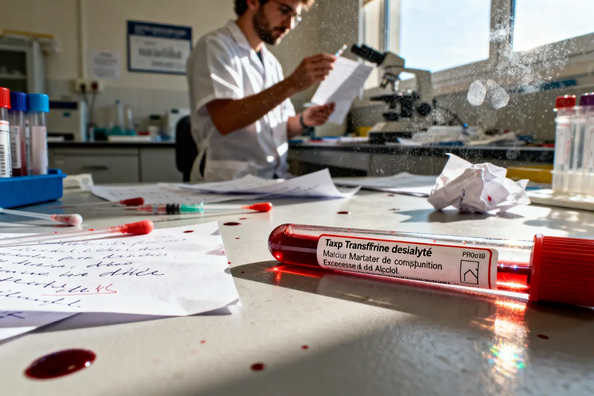 Un homme en blouse de laboratoire lit des documents, tube de sang au premier plan.