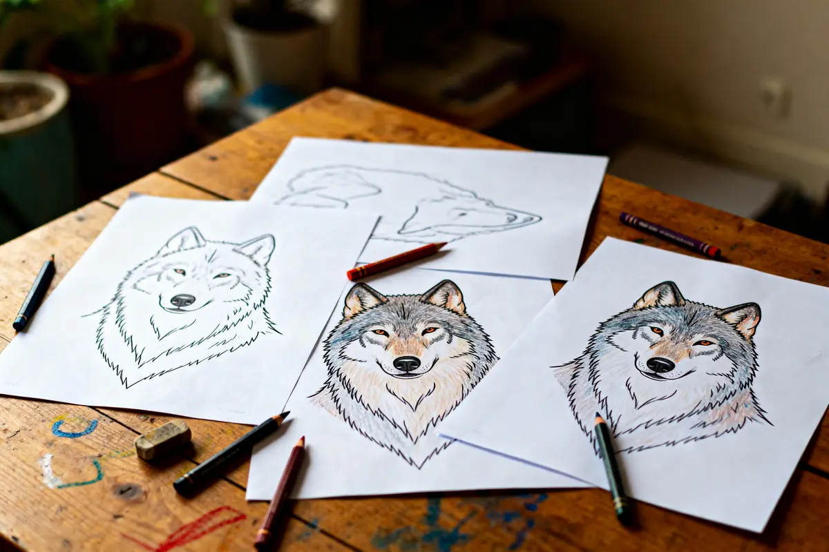 Dessins de loups sur papier avec des crayons de couleur, sur une table en bois.