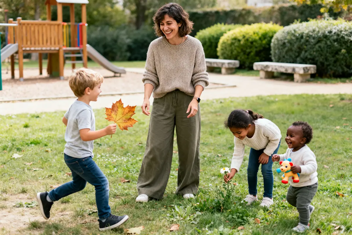 Une femme souriante joue avec trois enfants dans un parc, parmi fleurs et feuilles d'automne.