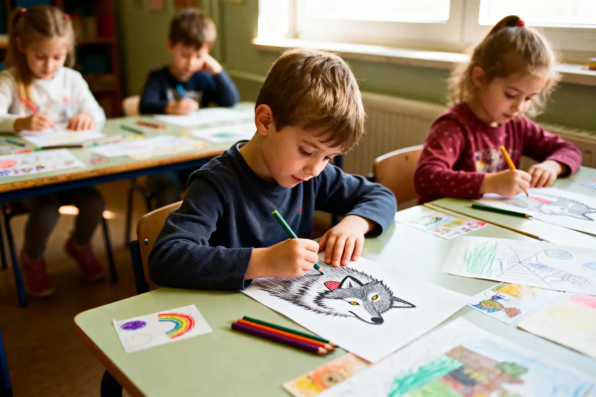 Enfants dessinant et coloriant à une table dans une salle de classe ensoleillée.
