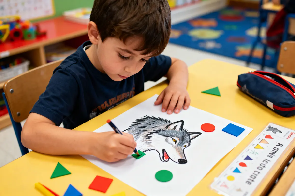 Enfant coloriant un dessin de loup avec des formes géométriques colorées sur la table.