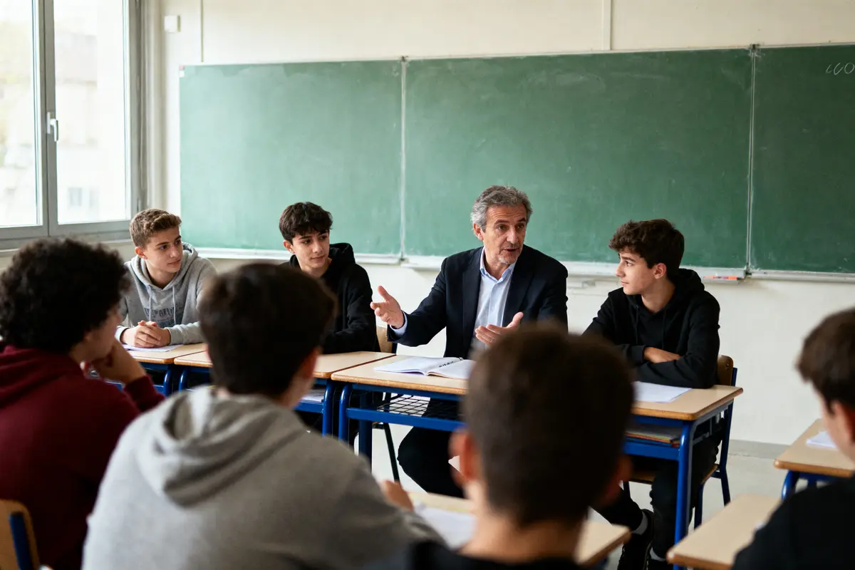 Un enseignant discutant avec des élèves adolescents dans une salle de classe, tableau noir en arrière-plan.