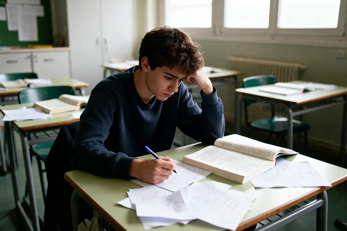 Un étudiant concentré étudie à son bureau, entouré de livres et documents dans une salle de classe.
