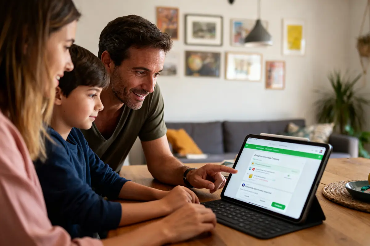 Une famille regarde une tablette ensemble dans un salon confortable et lumineux.
