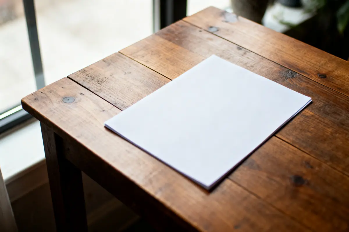 Feuille de papier posée sur table en bois près d'une fenêtre.