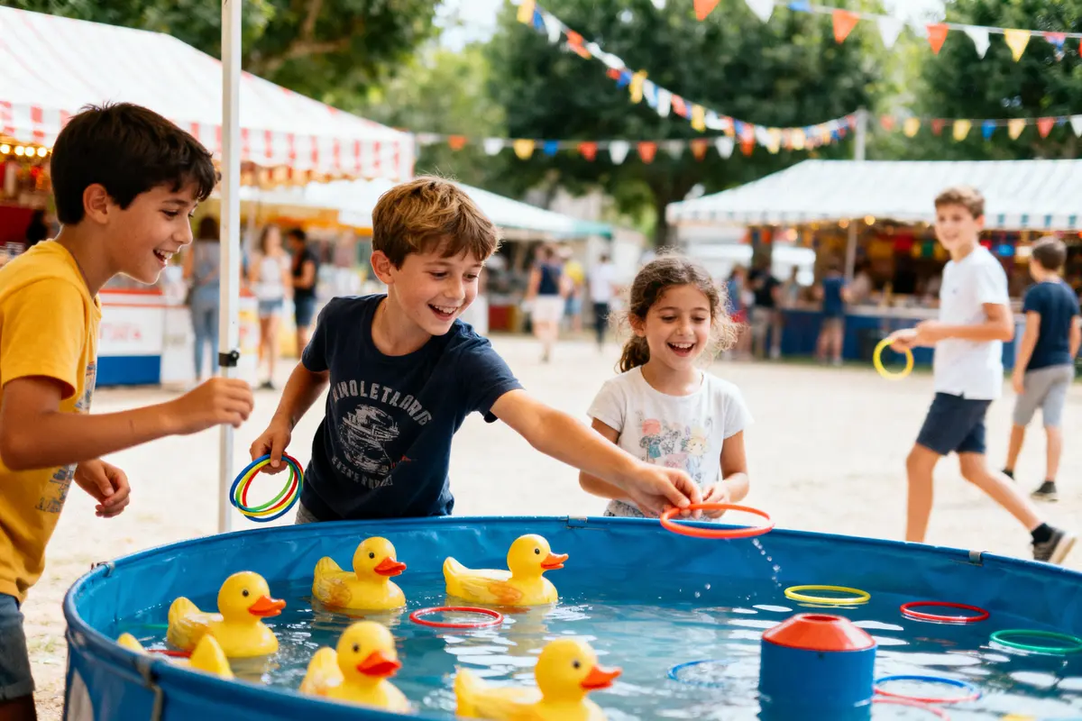 Enfants jouant à la pêche aux canards lors d'une fête foraine en plein air, souriants et amusés.
