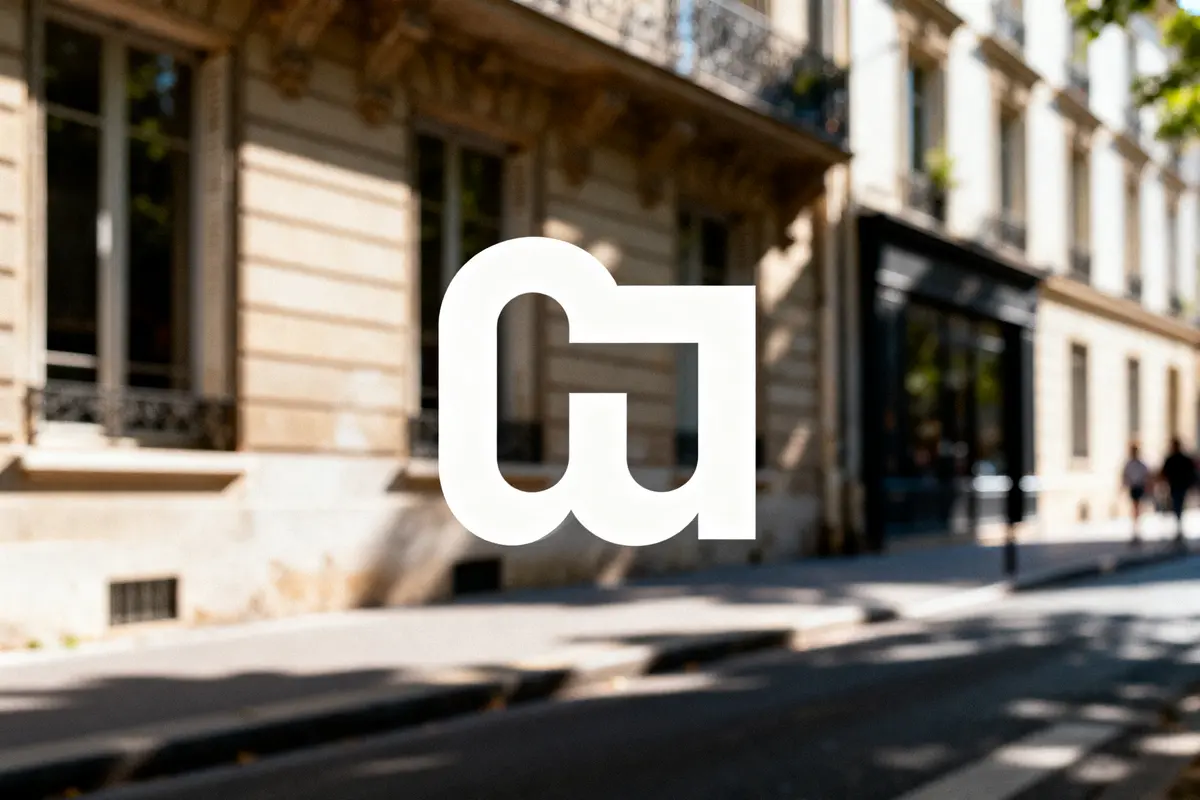 Logo "GA" blanc sur fond flou d'une rue parisienne ensoleillée avec immeubles haussmanniens.