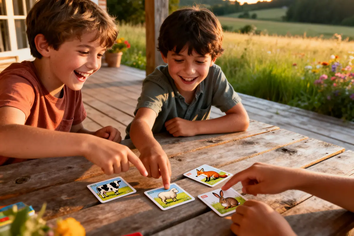 Deux enfants souriants jouent aux cartes d'animaux sur une table en bois, extérieur ensoleillé.