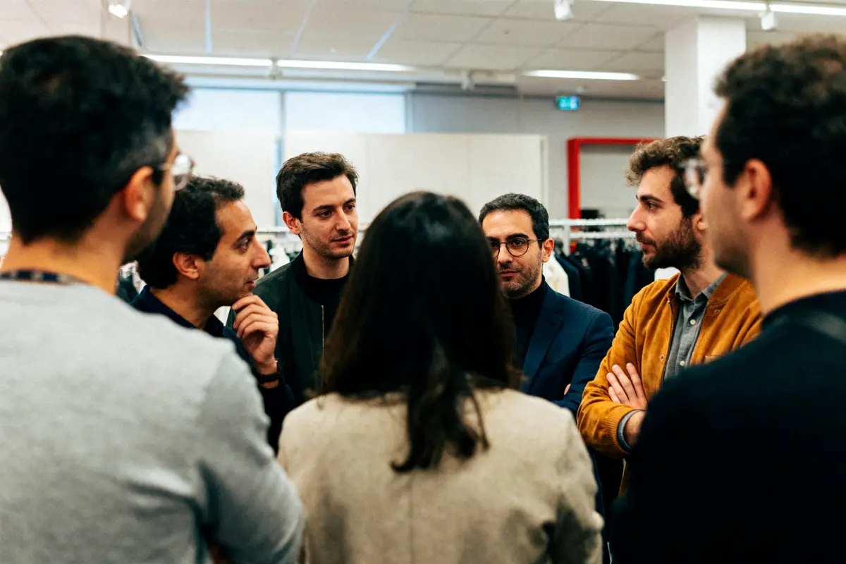 Un groupe de personnes discutant ensemble dans un environnement professionnel intérieur.