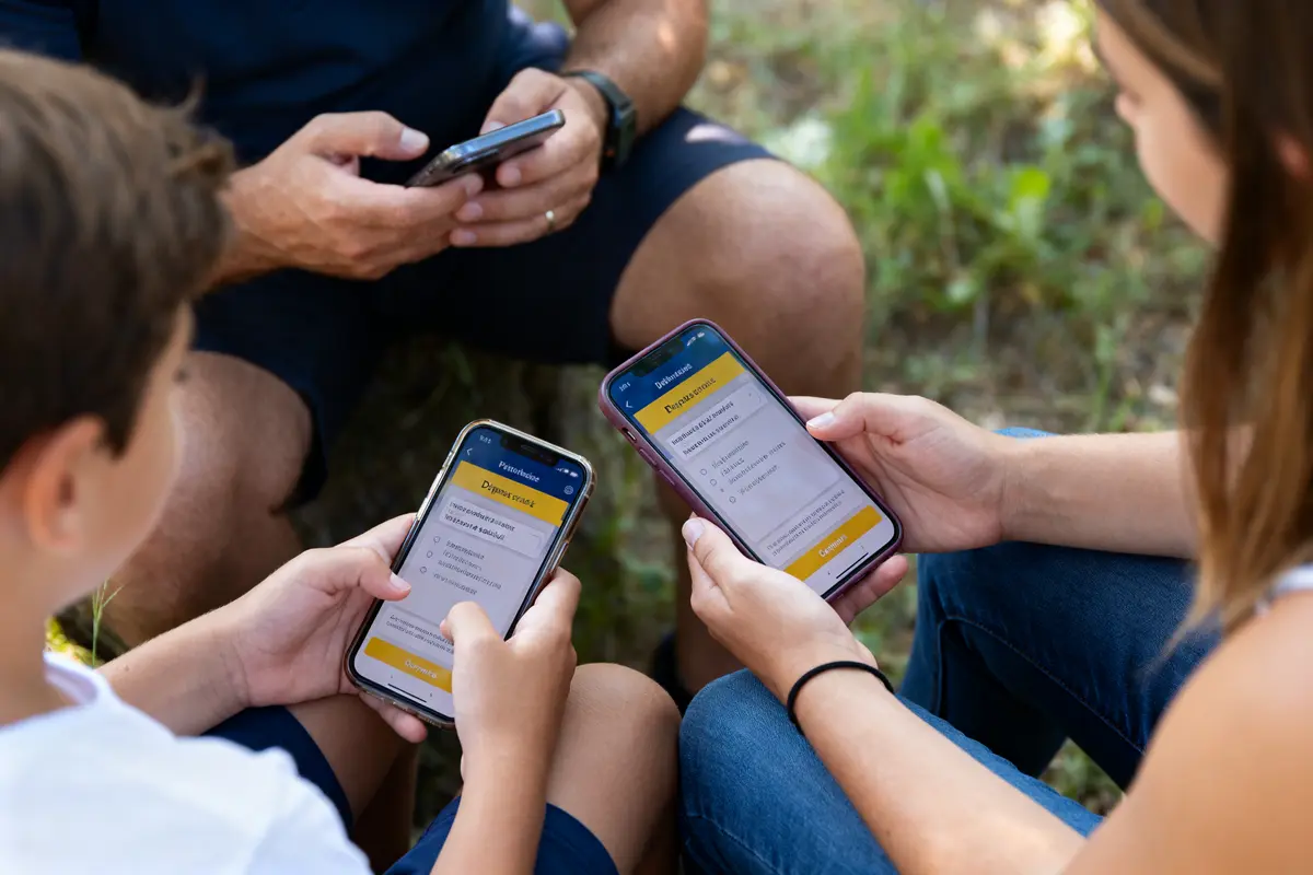 Personnes utilisant des smartphones en extérieur, écran affichant une application de questions ou quiz.