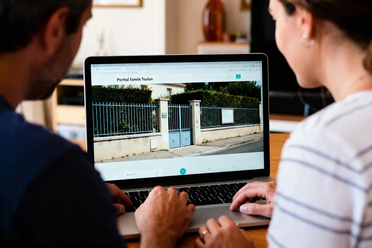 Deux personnes regardent une image de portail sur un ordinateur portable.