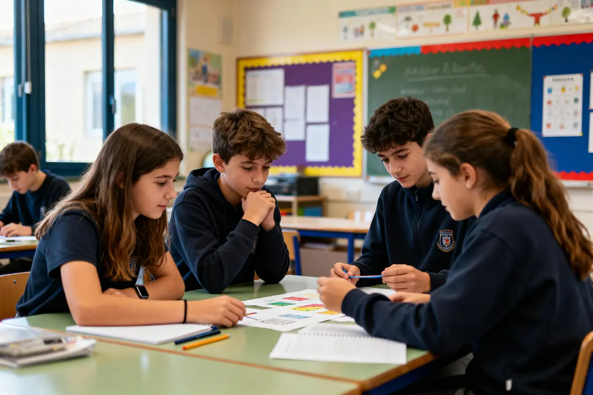 Quatre élèves travaillent ensemble autour d'une table de classe, discutant de documents ou d'exercices.
