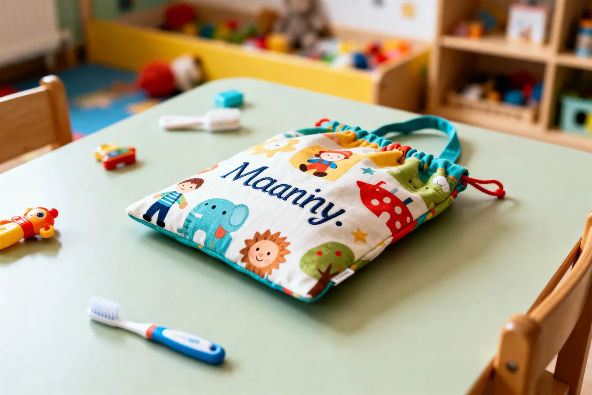 Sac d'enfant coloré et jouets sur table verte dans une salle de jeux d'enfants.