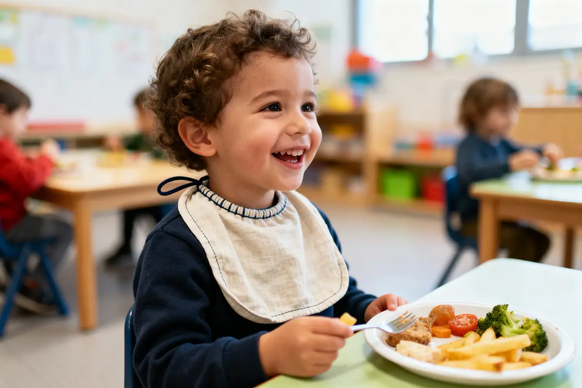 Enfant souriant mangeant des légumes et frites à l'école, assis à une table avec d'autres enfants.