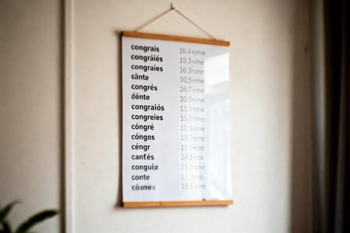 Affiche suspendue avec des mots, chiffres alignés, fond blanc, cadre en bois, mur beige.