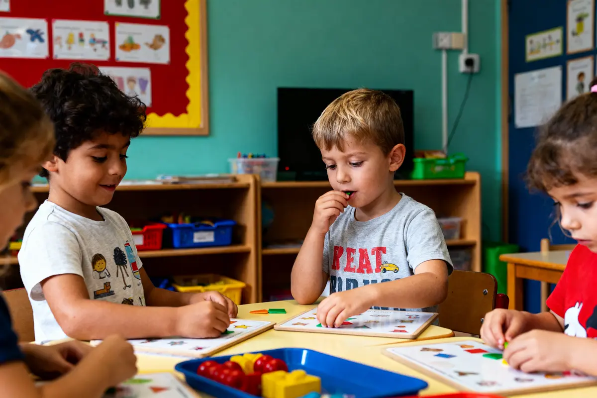 Quatre enfants jouent et apprennent ensemble dans une salle de classe colorée et ludique.
