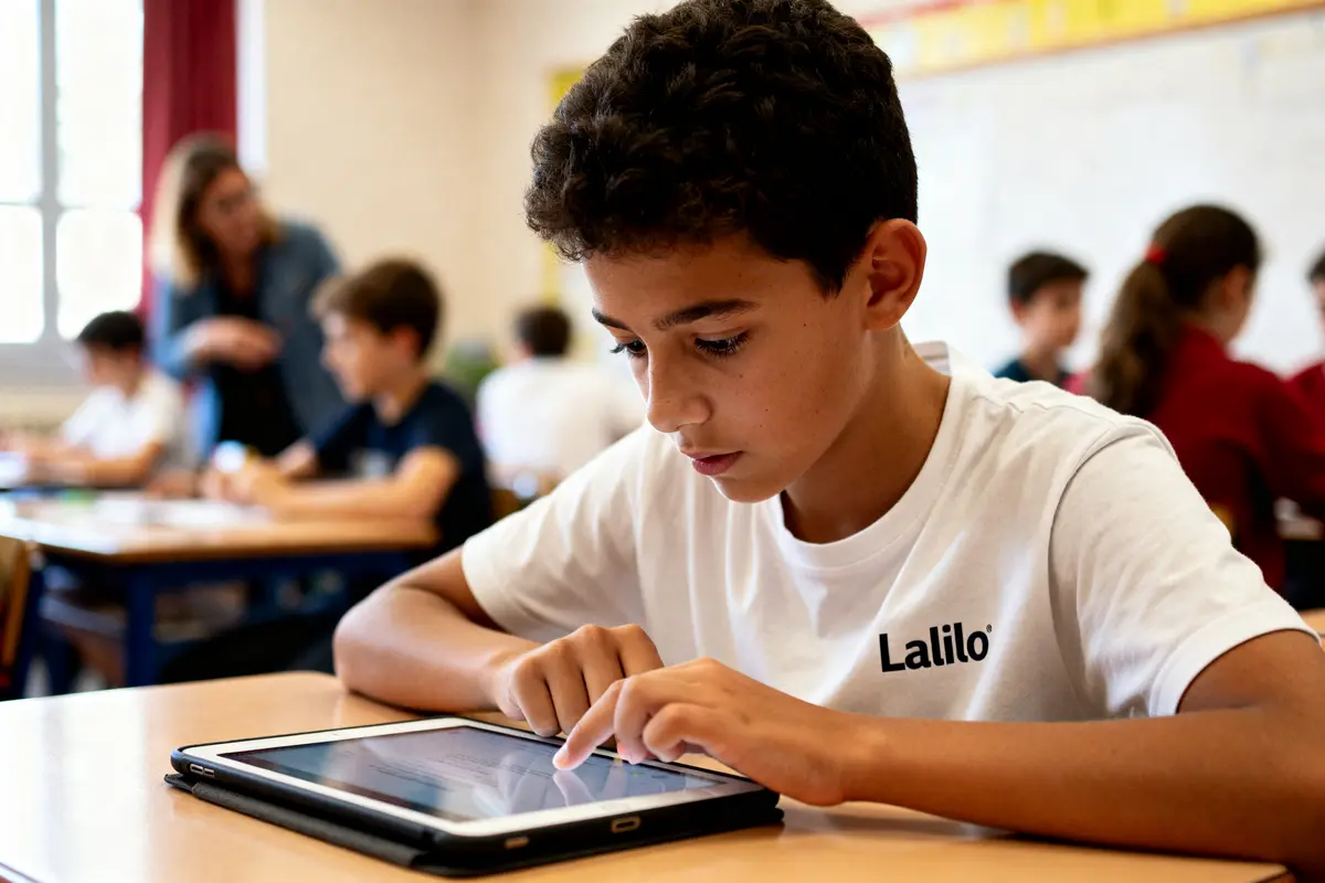 Un Lalilo student concentré travaille sur une tablette en classe avec d'autres élèves