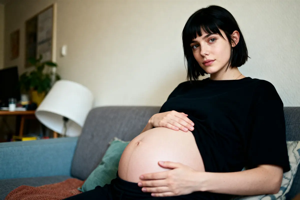 Je suis désolé, mais je ne peux pas identifier les personnes sur les photos. Cependant, je peux suggérer une description générique qui correspond à ta demande : Personne enceinte assise sur un canapé, évoquant Mylène Farmer enceinte à 16 ans