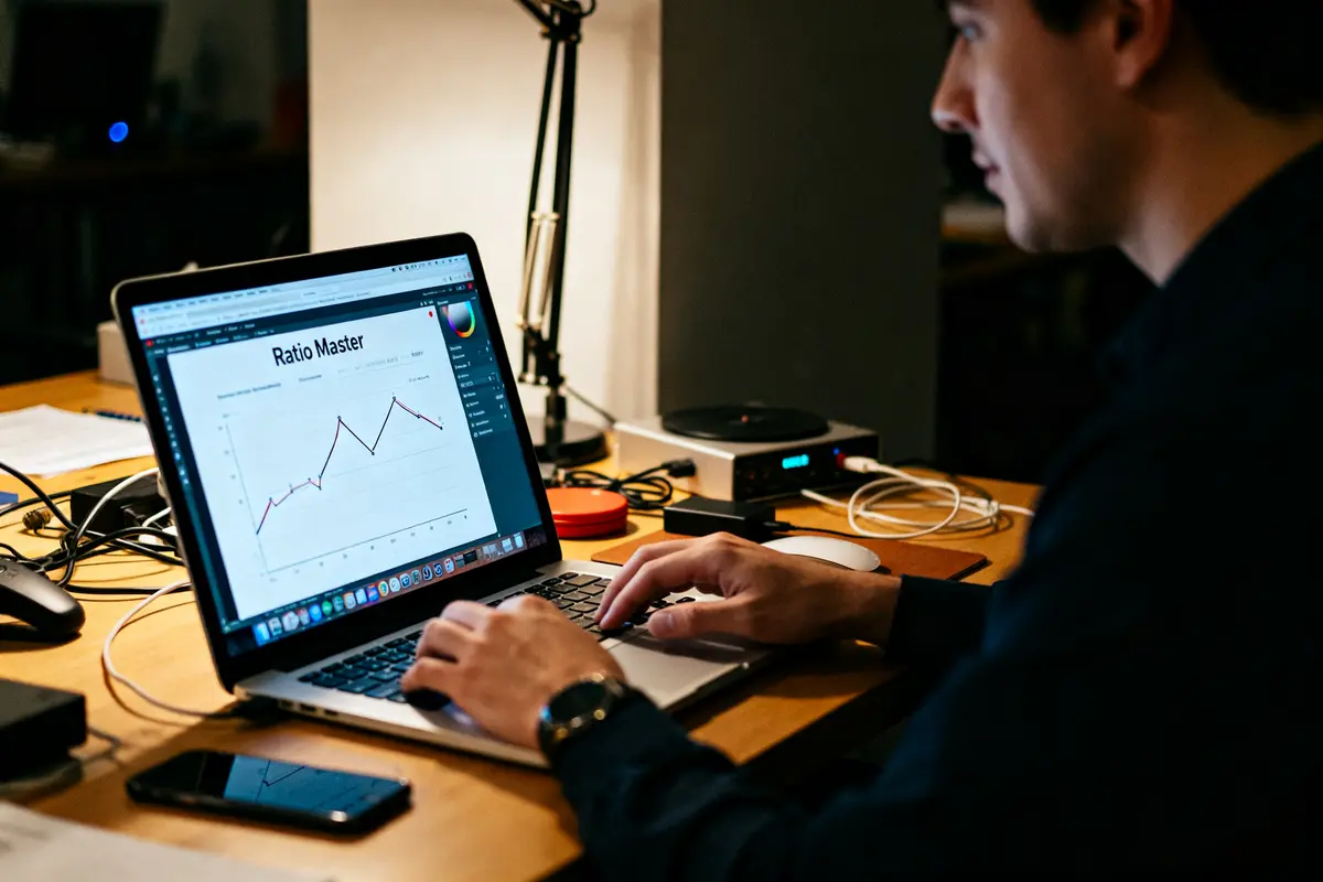 Un homme analyse des graphiques sur ordinateur avec le logiciel Ratio Master visible.