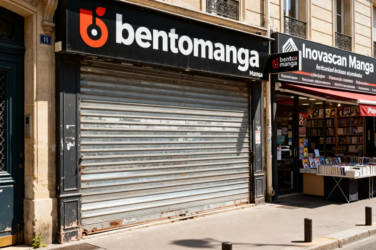 Façade du magasin bentomanga avec vitrine de bandes dessinées à droite