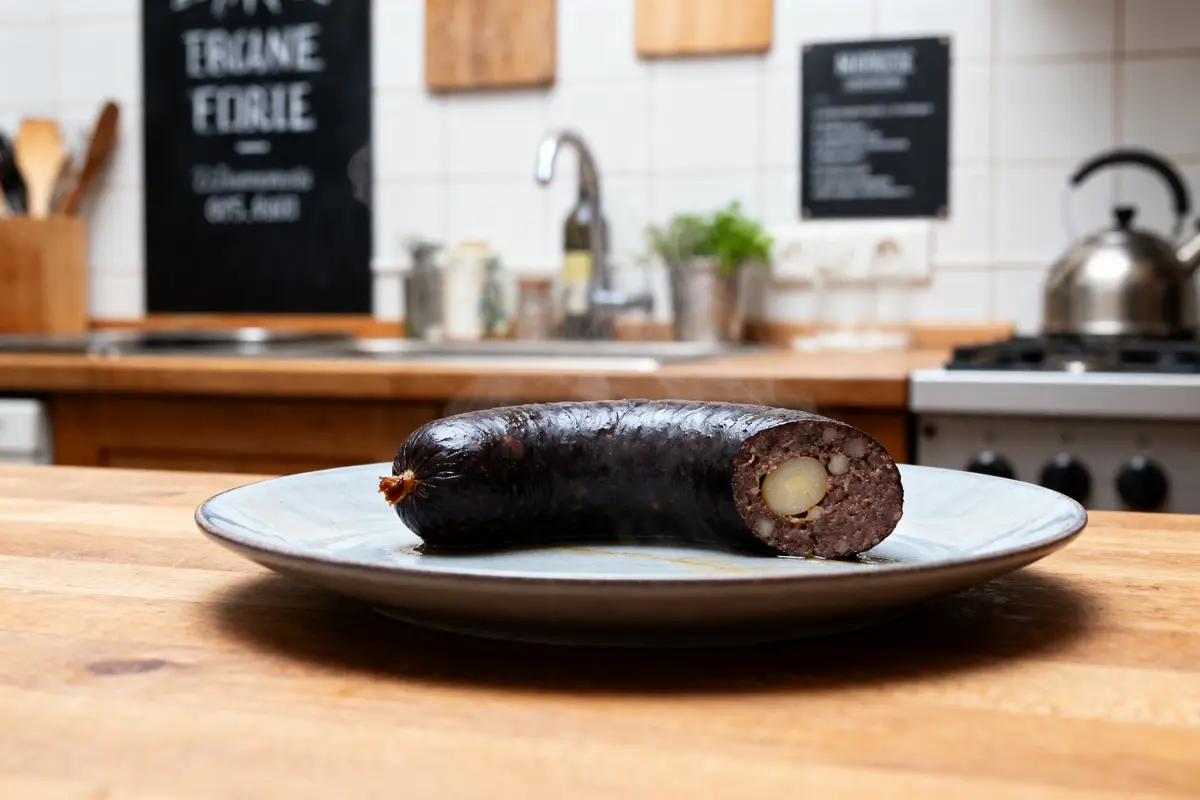 Boudin noir enceinte sur assiette dans une cuisine moderne avec fond flou.