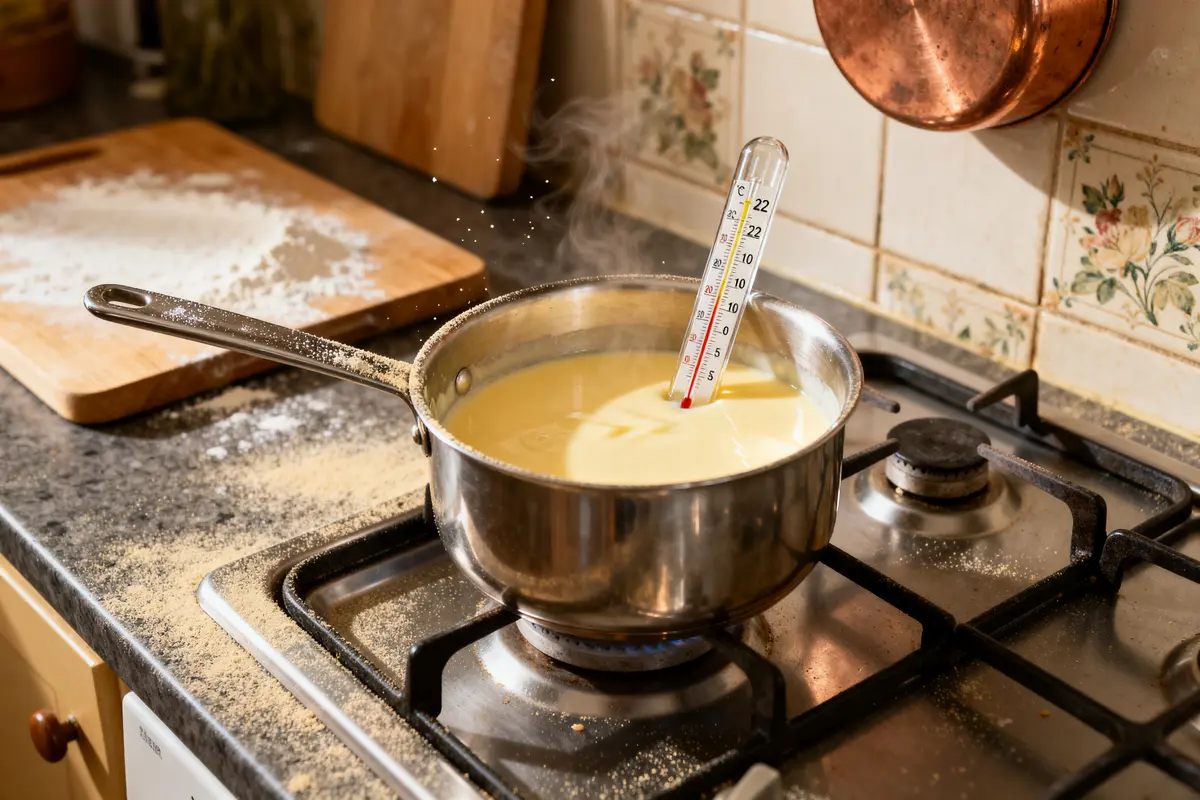 Casserole de crème anglaise enceinte sur gaz avec thermomètre de cuisson en cuisine