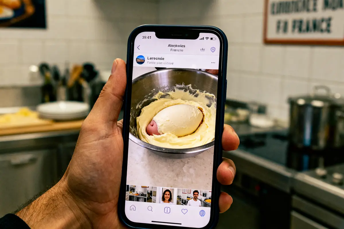 Main avec smartphone affichant photo de crème pâtissière enceinte dans un bol de cuisine