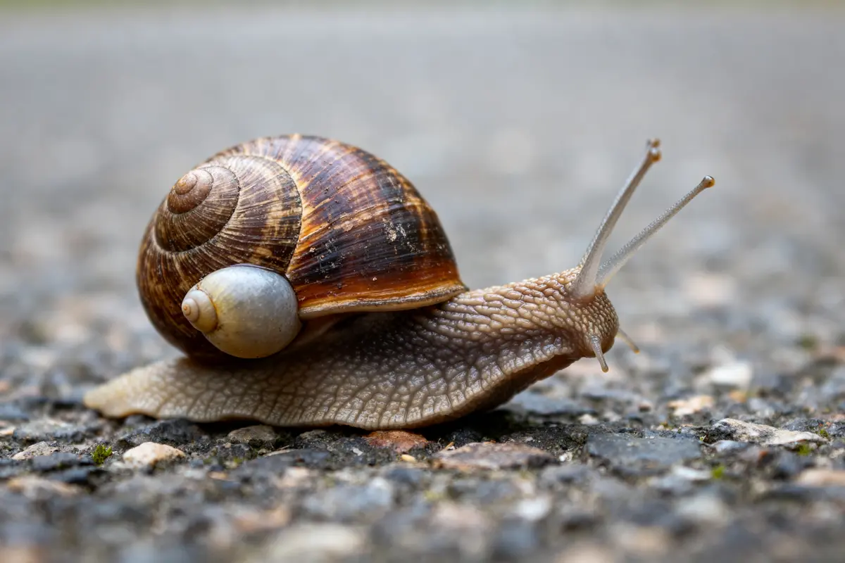 Un escargot enceinte sur un chemin pavé en gros plan détaillé